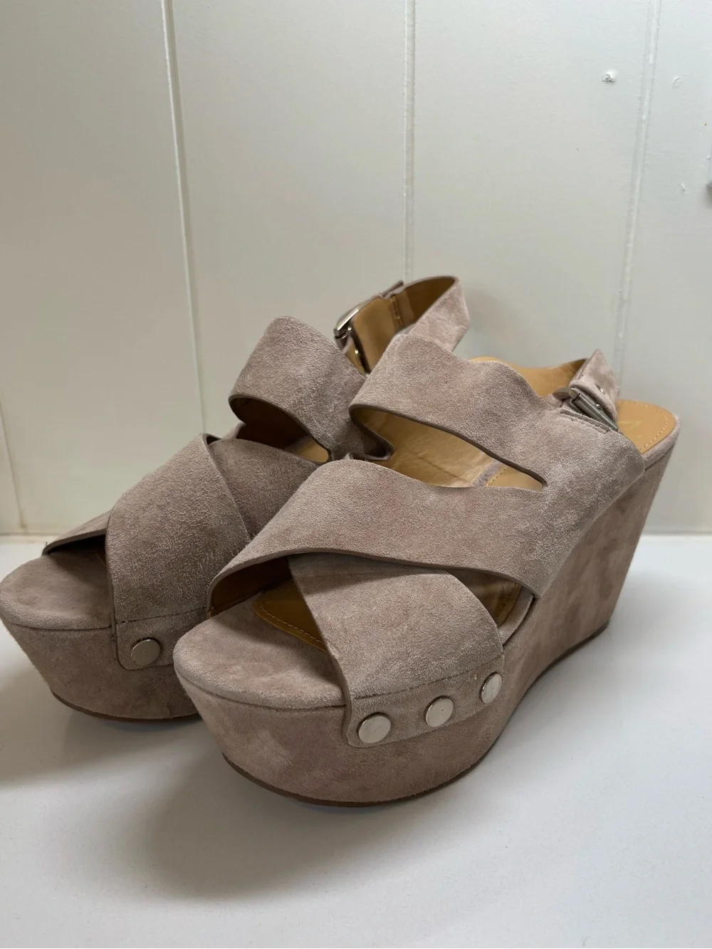 Marc Fisher Blush Taupe Suede Crisscross Platform Wedges